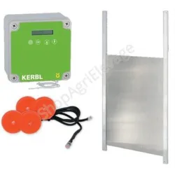 Photographie de la porte coulissante avec les rails de guidage,  de la commande avec moteur et du détecteur de luminosité.