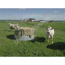 Râtelier P.T.F circulaire à foin en acier galvanisé dans une prairie.