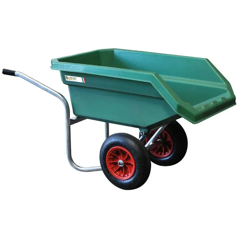 Brouette basculante à fumier de 200 L, de la marque La Gée et de couleur verte.