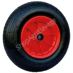 Roue de rechange gonflable avec 4 plys avec une jante plastique rouge, vu de profil et de la marque La Gée.