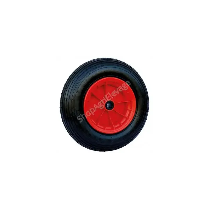 Roue de rechange gonflable avec 4 plys avec une jante plastique rouge, vu de profil et de la marque La Gée.