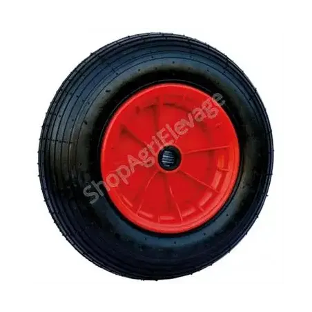 Roue de rechange gonflable avec 4 plys avec une jante plastique rouge, vu de profil et de la marque La Gée.
