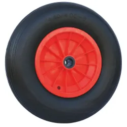 Roue de rechange pleine avec une jante en plastique rouge, vu de profil et de la marque La Gée.